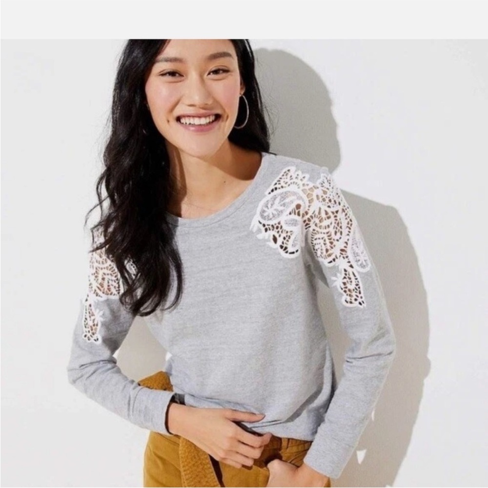 Loft Gray Sweatshirt with Lace Shoulders